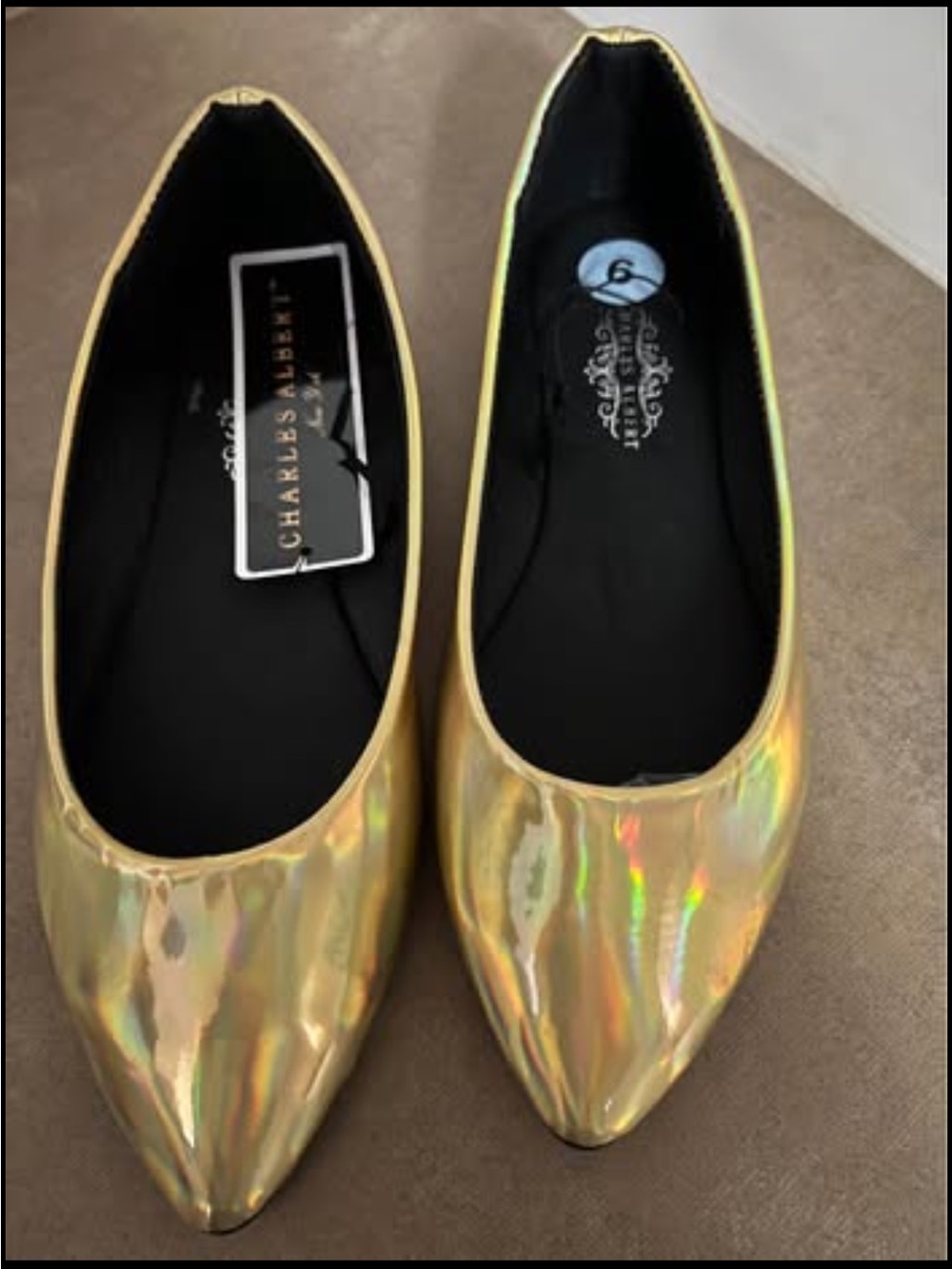 Charles Albert Holographic Gold Pointed-Toe Flats